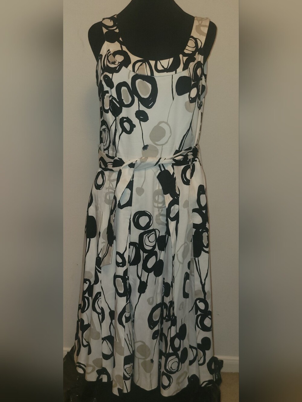 Calvin Klein White Midi Dress with Black and Taupe Abstract Print